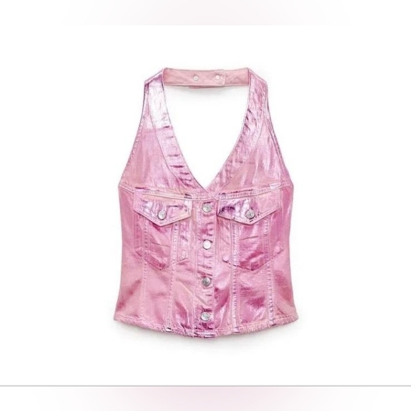 ZARA Barbie Collection Metalic Pink Denim Vest Top L,Collection 80' Party Barbie - Picture 3 of 5